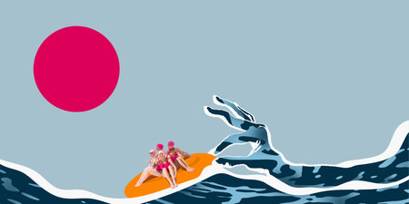 Group of women in pink swimsuits and swim caps sit on inflatable orange disc on wave shaped like hand. Contemporary art collage.の写真素材