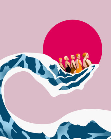 Group of women in varied swimsuits and swim caps lounging on wave shaped like hand, with large pink sun in background.の写真素材