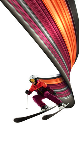Female skier in ski suit and goggles skiing down a slope on white background with creative, abstract design element. Pixel stretch effectの写真素材