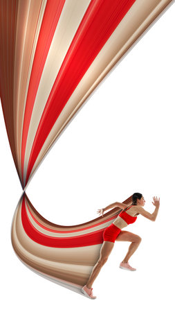 Female runner captured in mid-stride, running on white background with dramatic, curved abstract form. Pixel stretch effect.の写真素材