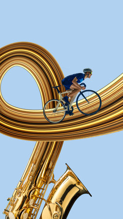 Male cyclist rides over looping golden trail formed from saxophone bell against blue background. Stretch effect.の写真素材