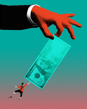 Man in red shirt flying, clinging to hundred dollar bill held by giant hand. Contemporary art...