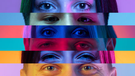 Collage. Close-up image of diverse human eyes isolated on colored neon backgrounds. Multicolored...