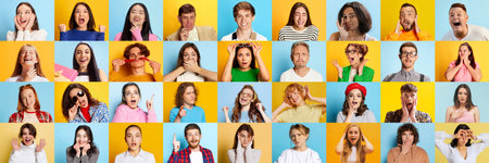 Grid collage of people showing expressive emotions of surprise, laughter, shouting against colorful backgrounds.の写真素材