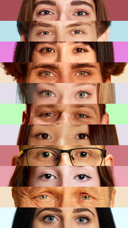 Vertical collage of close-up eyes isolated on pastel-colored horizontal stripes, showing diverse expressions.の写真素材