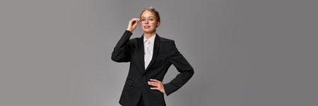 Young confident businesswoman in black suit with white shirt standing and smiling against grey studio background.の写真素材