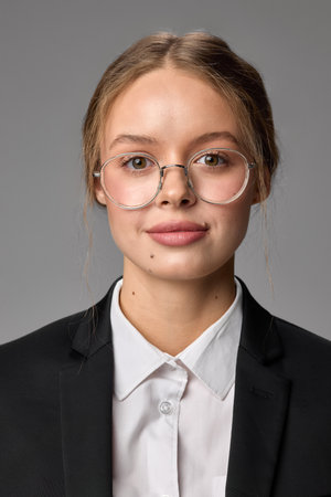 Studio close-up of young woman in formal attire with natural expression, wearing glasses, posing against grey studio background.の写真素材