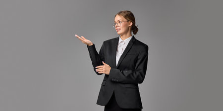 Professional woman gesturing as if she presenting presentation against grey studio background.の写真素材
