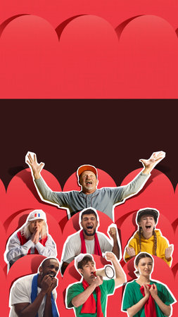 Loud and expressive fans supporting favorite team with cheers and bold gestures against red background.の写真素材