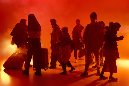 Silhouettes of people in red neon light, looks as fire, and fog carry bags and luggage in different directions. Crisis and stress.の写真素材