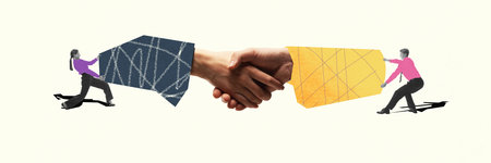 Digital artwork. Two business people pull opposite hands into handshake, showing tension and effort to make a deal.の写真素材