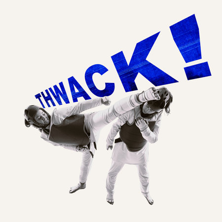 Martial arts clash in mid-air as powerful kick lands with massive THWACK shown in bold blue color lettering. Contemporary art collage.の写真素材