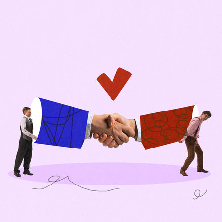 Creative digital collage. Two businessmen push large ands forming handshake with red heart mark above. Business deal.の写真素材