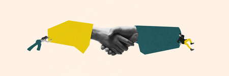 Digital art collage illustrating strong business partnership. Two employees pushing hands toward...