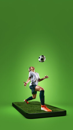 Online broadcasts. Composite collage. Female footballer juggling ball on 3d smartphone screen with virtual field against green background.の写真素材