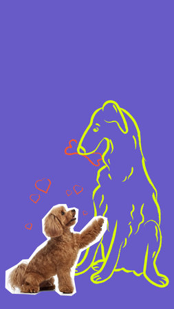 Fluffy dog extends paw with hearts toward drawn dog figure on purple background. Bold colorful...
