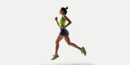Low angle of woman in bright top captured mid-leap during running, training activity against white...