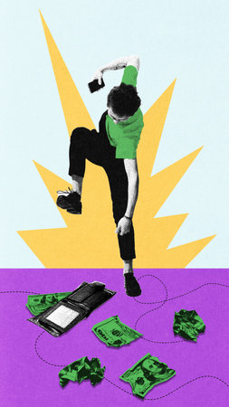 Young man stomps wallet as crumpled dollar bills scatter on floor. Crushing Currency. Conceptual art collage.の写真素材