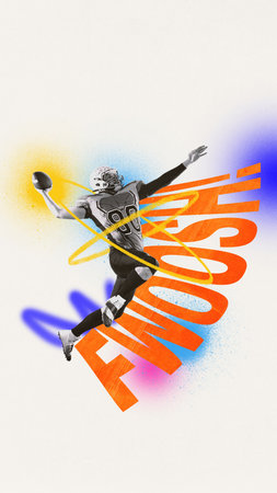 Football player leaps throws pass as FWOOOSH bursts in motion, colorful energy trails trace arc of...