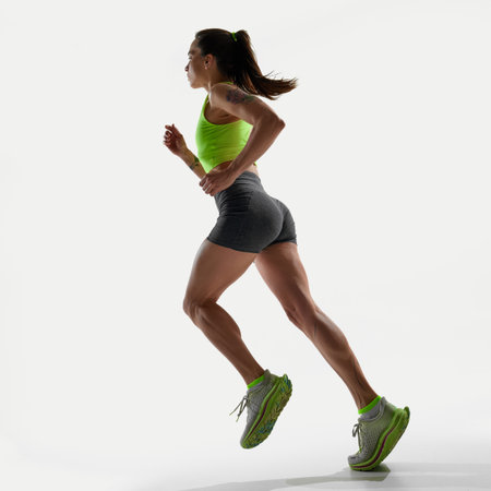 Female athlete sprinting with power and focus over white studio background, showing muscles and...