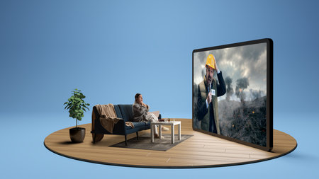 Senior woman sitting at home on couch and watching breaking news, scene with reporter and destruction. 3D render of tablet. Composite image.の写真素材
