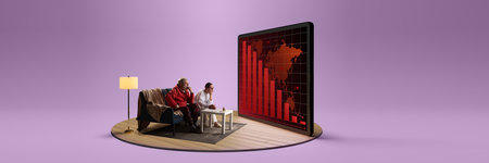 Elderly couple watches screen showing financial collapse data on red graph with world map. Composite...