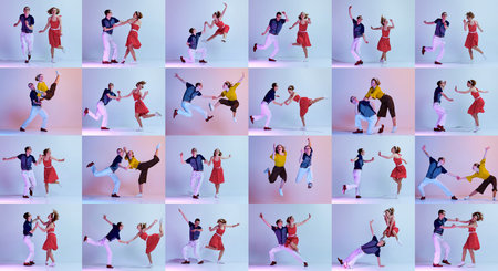Conceptual collage. Youthful couple dancing swing in joyful jumps and retro styling full of energy against multicolored studio background.の写真素材