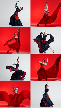 Motion collage. Female flamenco dancer with bold gestures, black-red skirts and dramatic expressions against white background.の写真素材