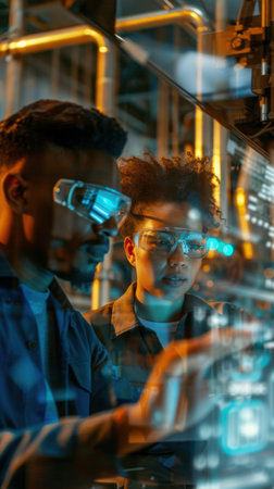 Two tech professionals analyzing data on digital screens with futuristic HUDs, wearing safety glasses in an industrial setting.の素材