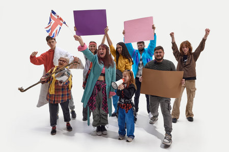 People shout holding protest signs and flags, showing anger and demand for justice against white background.の写真素材