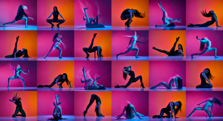 Vibrant collage. Female dancer expressing emotion and strength through floor choreography in vibrant neon light against purple-orange gradient backgroundの写真素材