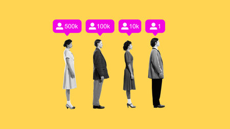 People in line receive follower counts above heads like value stamps. Commentary on metrics obsession. Surreal artworkの写真素材