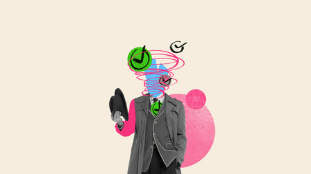 Burnout Warning. Head whirlpools into task windows showing stress and overload with check marks against beige backdrop. Surreal artworkの写真素材