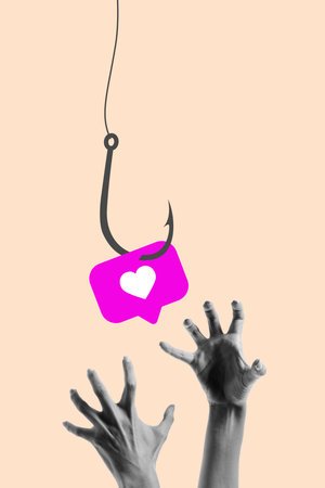 Like Trap. Hands desperately reach for floating like icon hanging from hook, baiting attention. Social media addiction. Contemporary art collageの写真素材