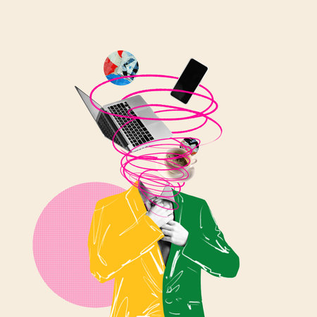 Multitask Mode. Head split in multitask chaos juggling phone laptop coffee at once against vanilla backdrop. Conceptual art collageの写真素材