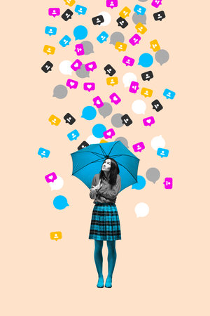 Notification Rain. Woman hides under umbrella while colorful social icons pour like rain from sky. Digital overload. Surreal art collageの写真素材