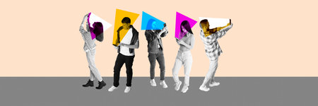 Swipe Culture. Group of people swiping on their phones while heads are replaced with colored...
