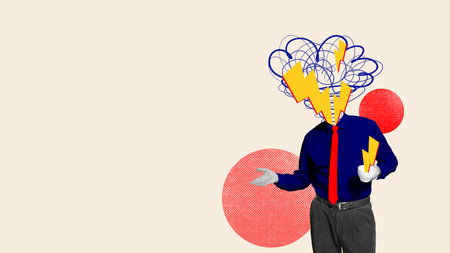 Brainstorm Brew. Ideas rise from caffeine storm clouds above head with lightning bolts against neutral background with copy space. Surreal art designの写真素材