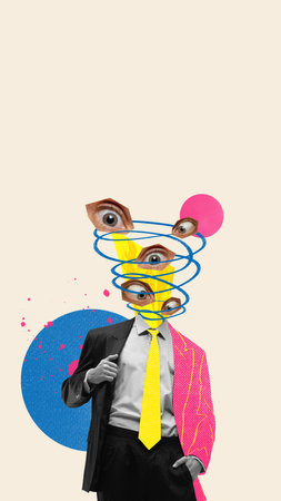 Thinking Spiral. Doodle spiral of thought, as eyes, leads over head of businessman against beige background. Conceptual art designの写真素材
