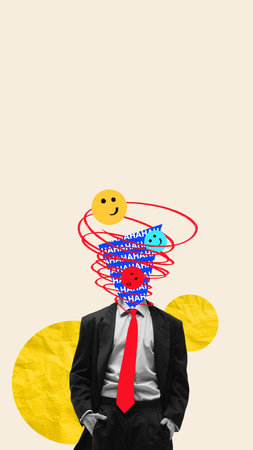 Office Illusion. Business suit filled with social media icons in doodle swirl, chaos inside head against beige background. Surreal art designの写真素材