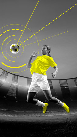 Female footballer in yellow outfit jumps to strike ball mid-air with highlighted tracking arcs and energetic layout. Conceptual art collageの写真素材