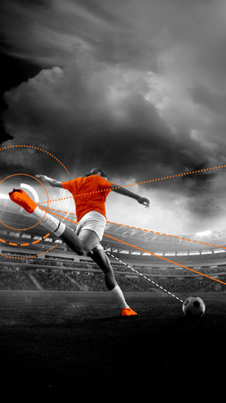 Back view of woman in orange jersey shoots soccer ball with strong motion traced in visual data stream across stadium field. Art design. Poster.の写真素材
