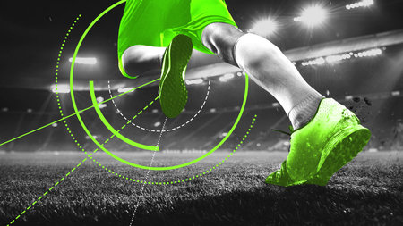 Athlete in bright green outfit sprints across wet grass stadium with digital green accents tracking footwork. Modern art design. Sepiaの写真素材