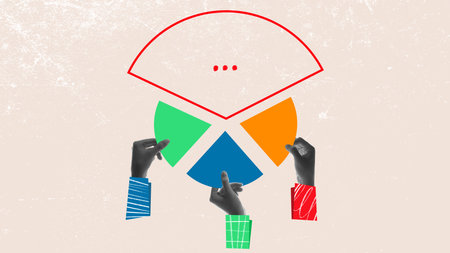 One chart segment is missing while hands pause in stillness symbolizing uncertainty and strategic gap. Surreal business collageの写真素材