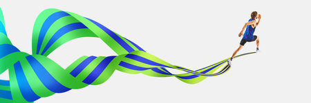 Modern artwork. Man in sprinting pose rushes forward as twisting green-blue ribbons expand dynamically around him, capturing speed and intense momentumの写真素材