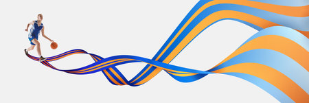 Abstract art collage. Female basketball player dribbles midair while orange-blue ribbons swirl beside her, visualizing power and athletic rhythmの写真素材
