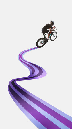 Contemporary art collage. Cyclist in aerodynamic stance moves along violet ribbon-like road, visualizing motion, balance, and speedの写真素材