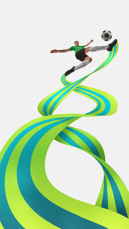 Creative artwork. Football player kicks ball mid-air while green and cyan spirals frame his pose, showcasing movementの写真素材