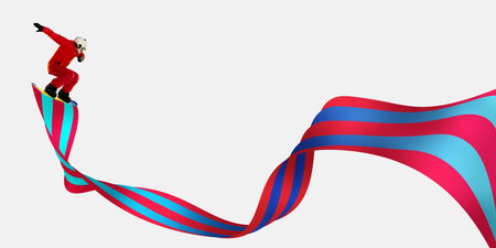 Creative artwork. Snowboarder rides across floating cyan and red ribbons as if sliding through energy lines, highlighting fluidity and focusの写真素材