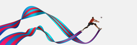 Modern artwork. Male volleyball player floats in mid-leap above warped red and cyan curves, capturing athletic suspense, tension. Bannerの写真素材